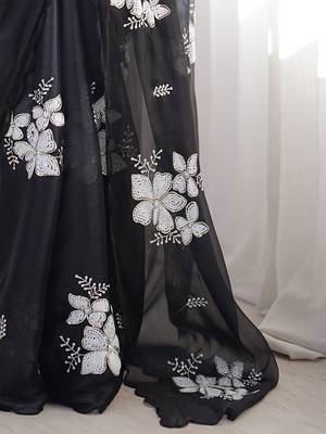 black floral embroidered sequinned organza saree 5
