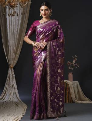 magenta woven design zari organza banarasi saree 1