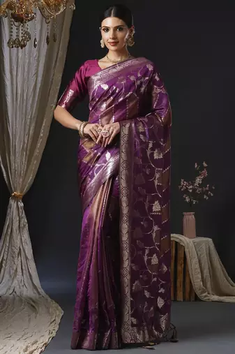 magenta woven design zari organza banarasi saree