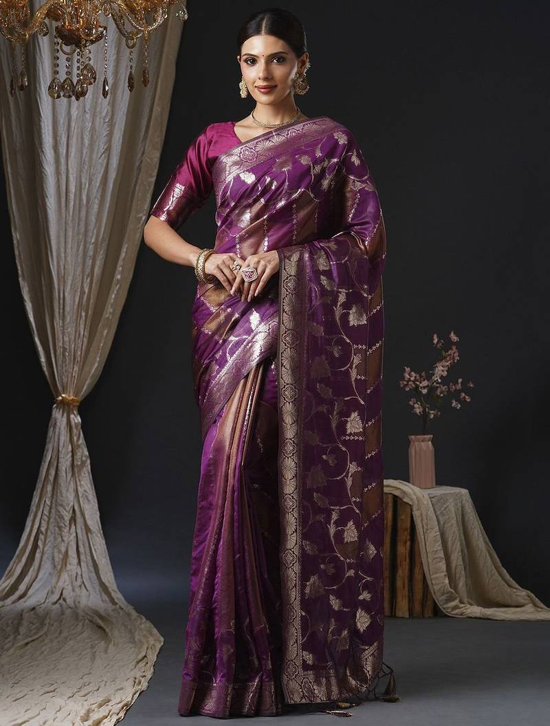 magenta woven design zari organza banarasi saree