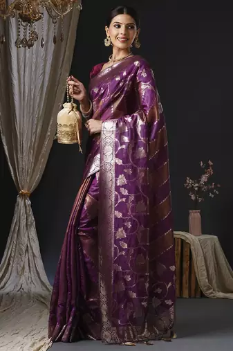 magenta woven design zari organza banarasi saree
