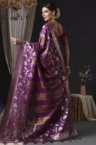 magenta woven design zari organza banarasi saree