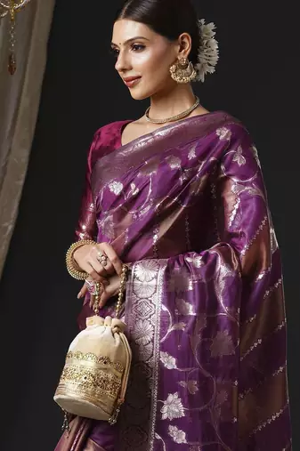 magenta woven design zari organza banarasi saree