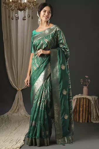 teal woven design zari organza banarasi saree