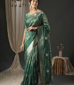 teal woven design zari organza banarasi saree