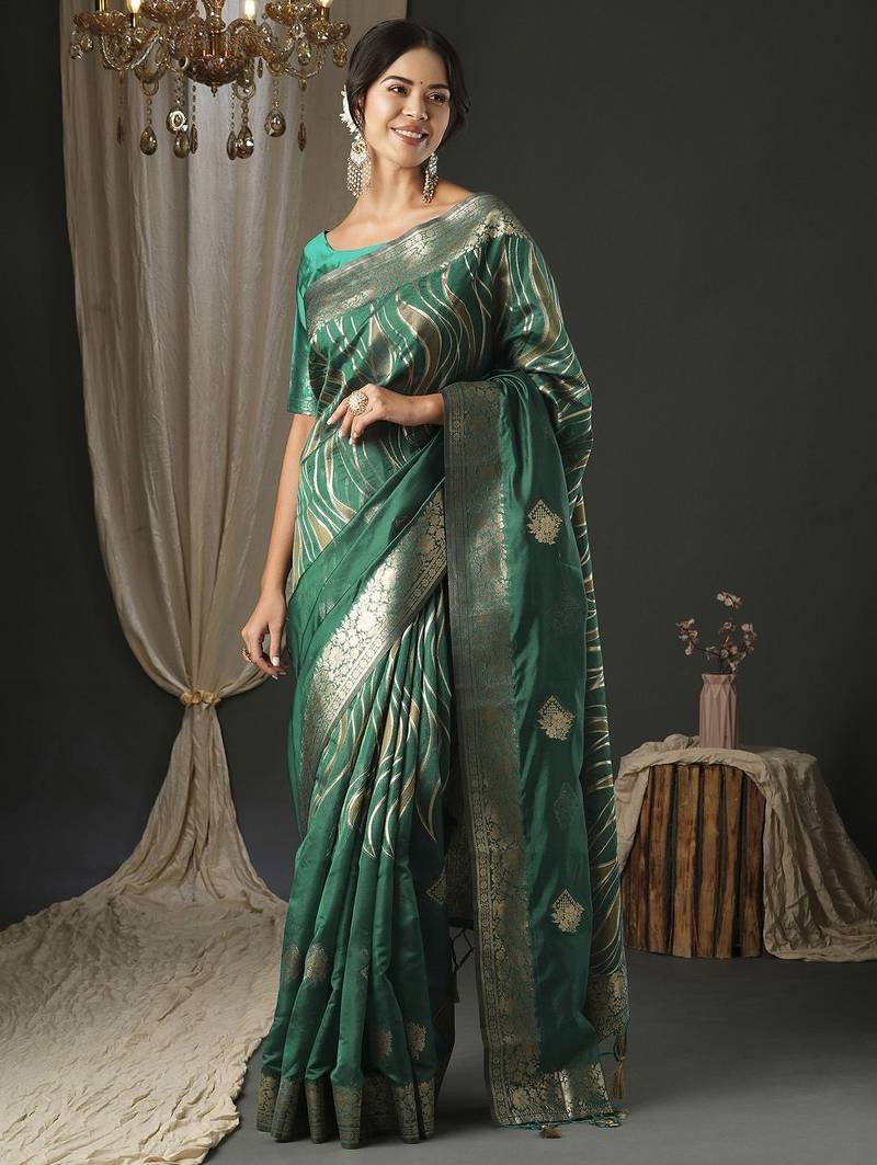 teal woven design zari organza banarasi saree