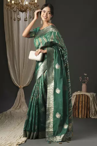teal woven design zari organza banarasi saree