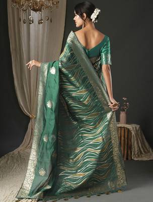 teal woven design zari organza banarasi saree 3