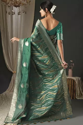 teal woven design zari organza banarasi saree