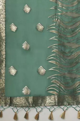 teal woven design zari organza banarasi saree