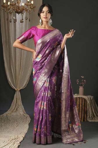 magenta woven design zari organza banarasi saree