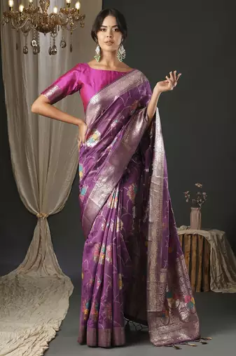 magenta woven design zari organza banarasi saree
