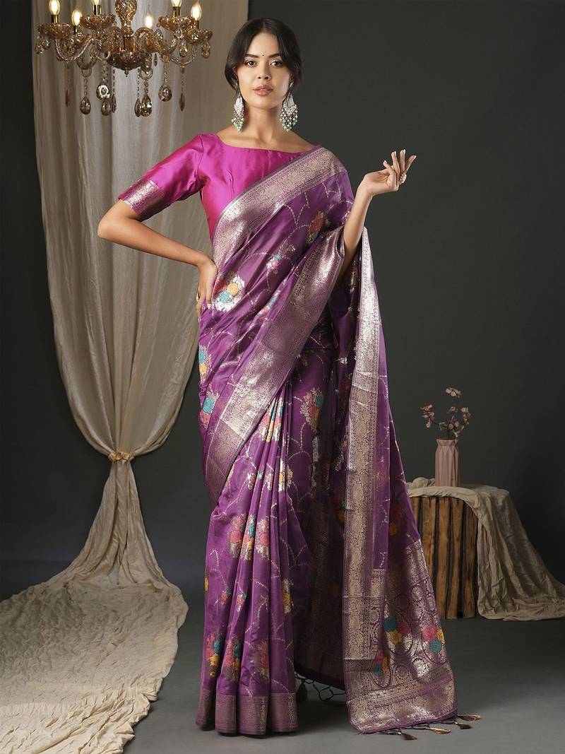 magenta woven design zari organza banarasi saree