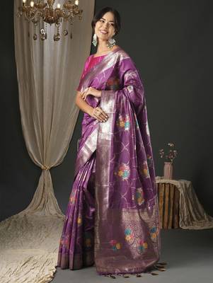 magenta woven design zari organza banarasi saree 2