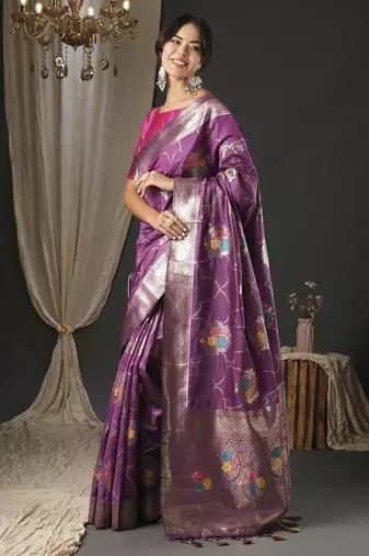 magenta woven design zari organza banarasi saree