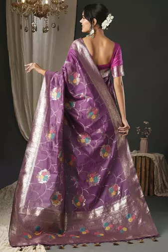 magenta woven design zari organza banarasi saree