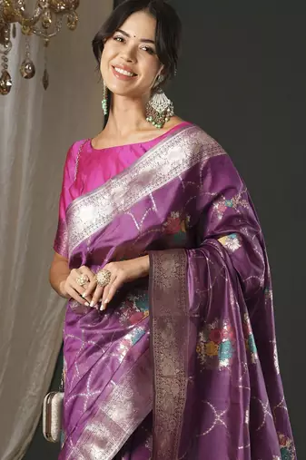 magenta woven design zari organza banarasi saree