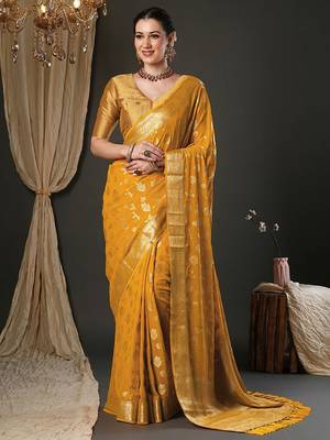 yellow ethnic motifs woven design zari georgette kanjeevaram saree 2