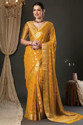 yellow ethnic motifs woven design zari georgette kanjeevaram saree