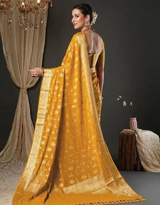 yellow ethnic motifs woven design zari georgette kanjeevaram saree 4