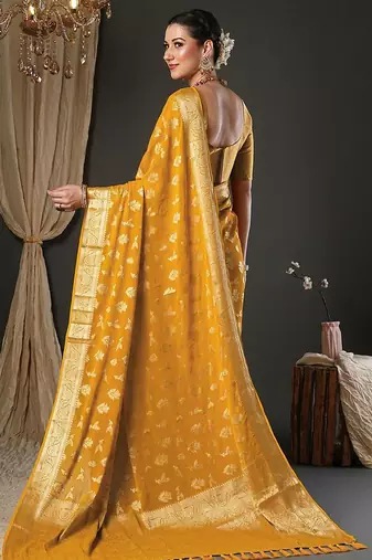 yellow ethnic motifs woven design zari georgette kanjeevaram saree