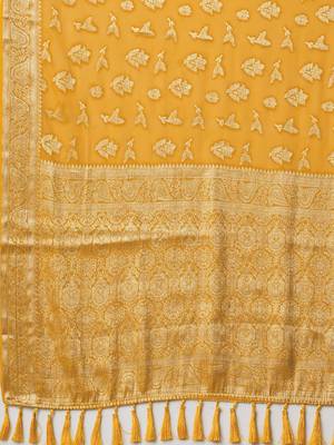 yellow ethnic motifs woven design zari georgette kanjeevaram saree 5
