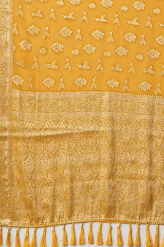 yellow ethnic motifs woven design zari georgette kanjeevaram saree