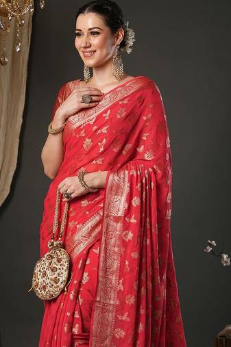 red woven design zari georgette kanjeevaram saree
