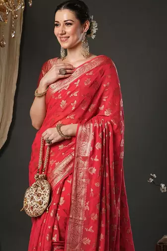 red woven design zari georgette kanjeevaram saree
