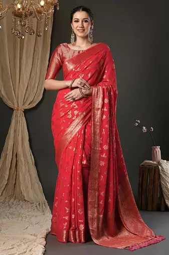 red woven design zari georgette kanjeevaram saree
