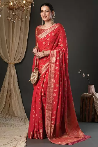 red woven design zari georgette kanjeevaram saree