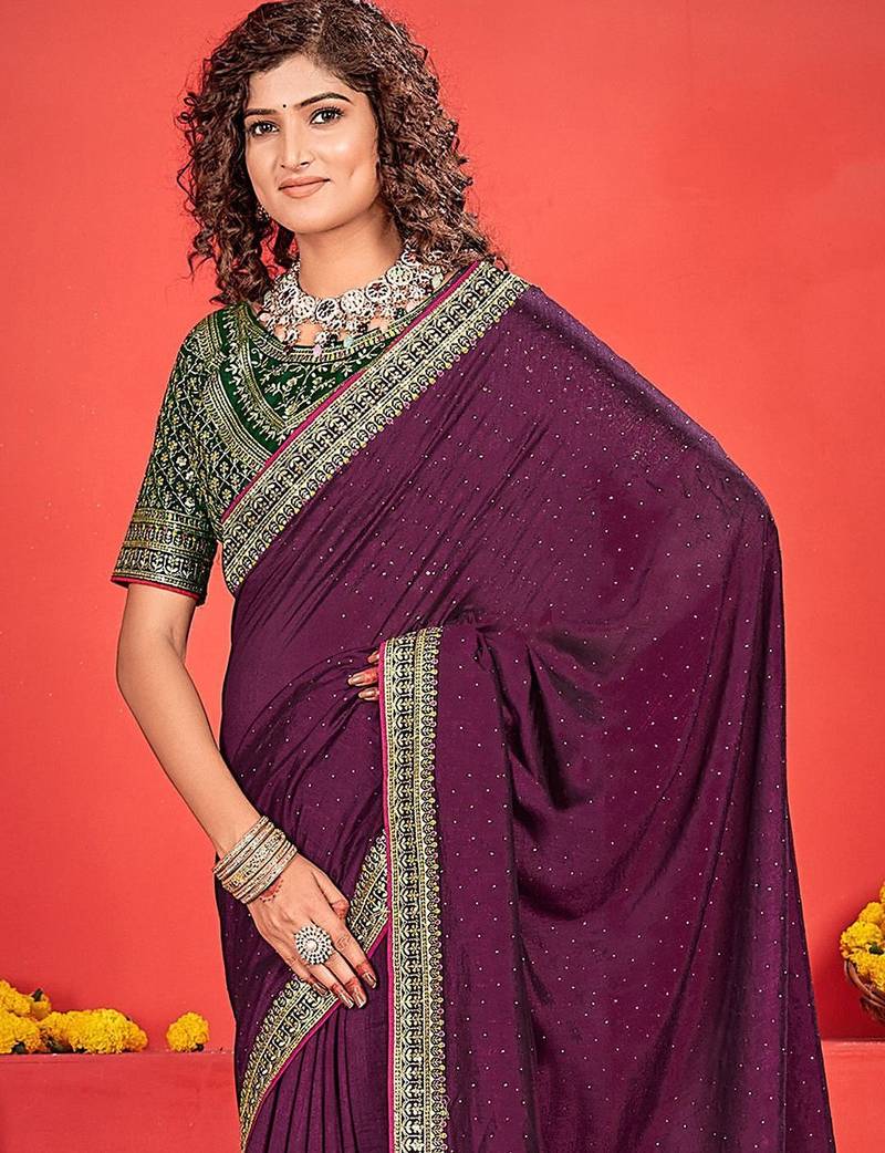 Purple embellished beads and stones saree