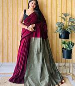 burgundy cotton blend saree with blouse piece