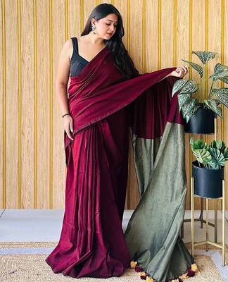 burgundy cotton blend saree with blouse piece 2