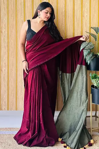burgundy cotton blend saree with blouse piece