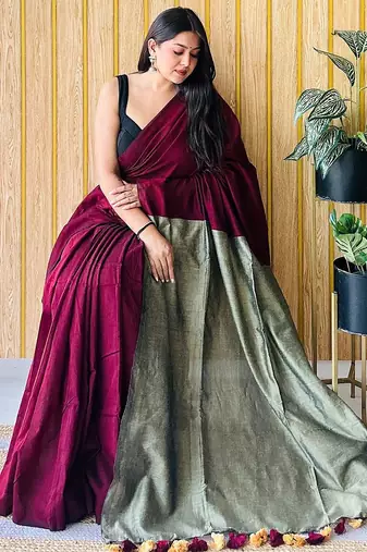 burgundy cotton blend saree with blouse piece