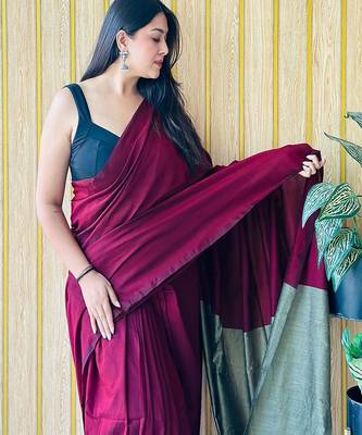 burgundy cotton blend saree with blouse piece 4