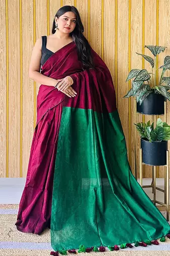 maroon cotton blend saree with blouse piece