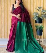 maroon cotton blend saree with blouse piece