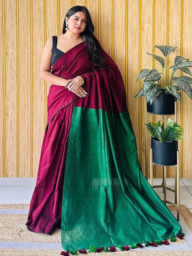 maroon cotton blend saree with blouse piece