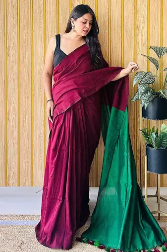 maroon cotton blend saree with blouse piece