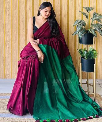 maroon cotton blend saree with blouse piece 3