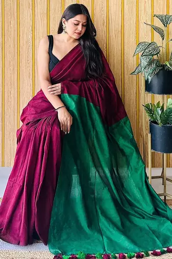 maroon cotton blend saree with blouse piece