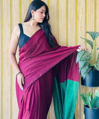 maroon cotton blend saree with blouse piece 4