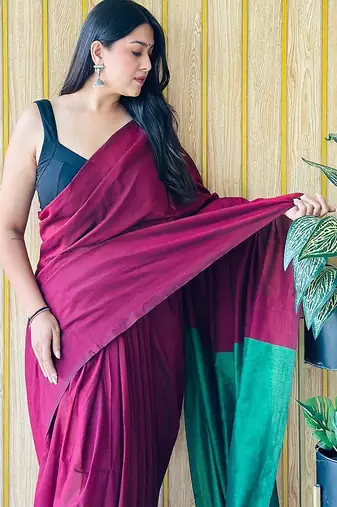 maroon cotton blend saree with blouse piece