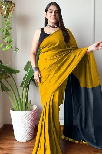 mustard cotton blend saree with blouse piece