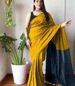mustard cotton blend saree with blouse piece