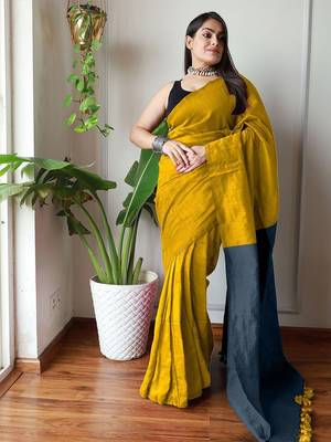 mustard cotton blend saree with blouse piece 2