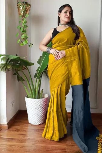 mustard cotton blend saree with blouse piece