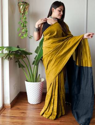 mustard cotton blend saree with blouse piece 3
